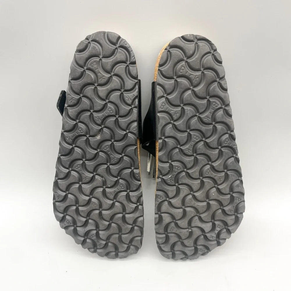 Birkenstock Womens 35 4 Gizeh Fringe Sandals Black Leather Silver Hardware Boho